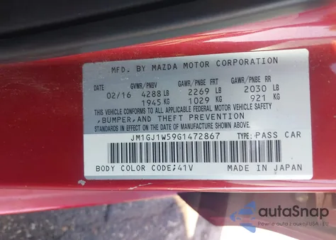 2016 Mazda Mazda6 I Grand Touring z USA, uszkodzony, nr VIN JM1GJ1W59G1472867